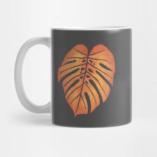 ORANGE MONSTERA LEAF – Watercolor Tropical Frond In Red & Yellow Against Slate Mug